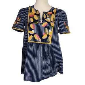 Madewell Navy Embroidered Floral Stripe Short Sleeve Boho Blouse Womens XSS
